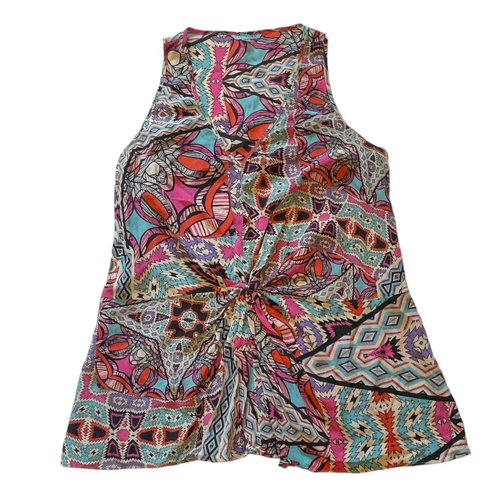 Leifnotes Anthropologie Tank Top Silk Blouse V-Neck Geometric Multicolor Pattern
